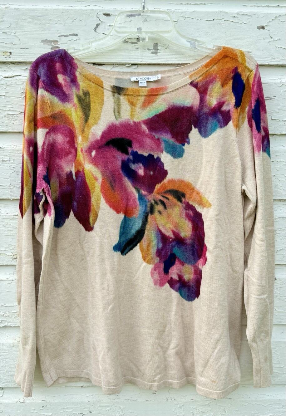 Chicos Sweater Womens L Watercolor Floral Detail Boatneck Fine Guage Multicolor